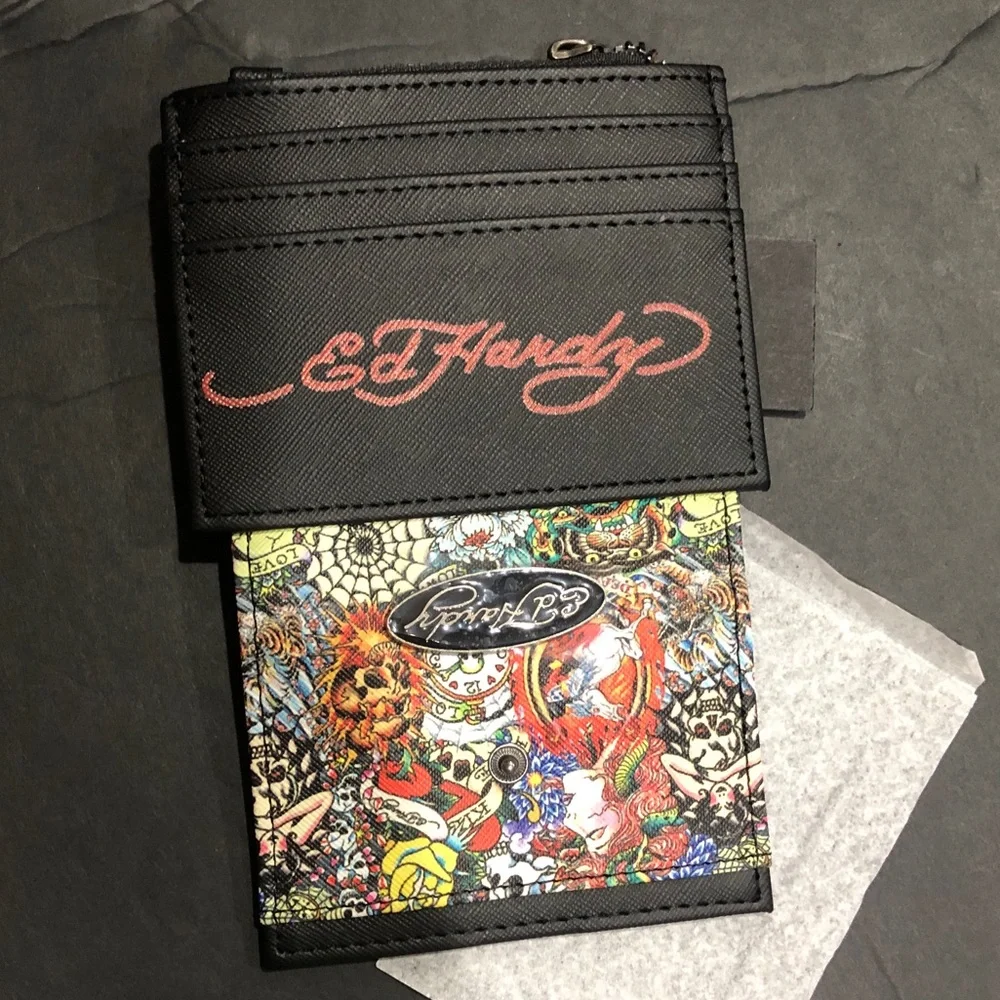 Ed Hardy black bifold‎ ed hardy multi graphics print slim card case brand new